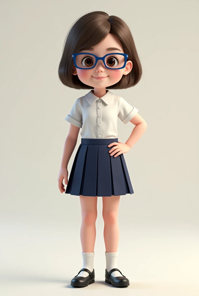 Short hair girl with blue glasses and school clothes in 3D