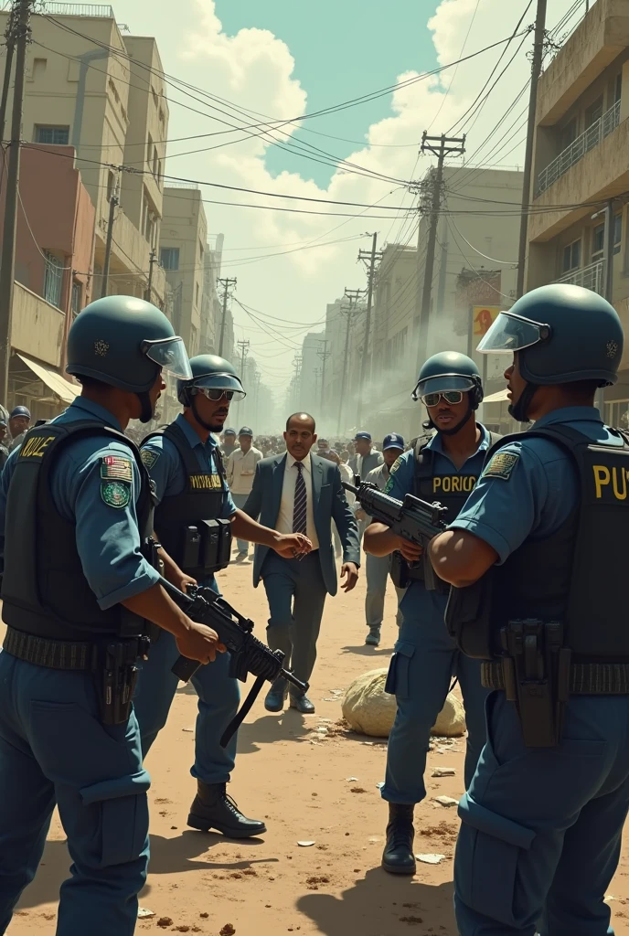 Generate an illustration image of Nigerian police shooting a hungry protesters while a politician man loot money running is being ignored.