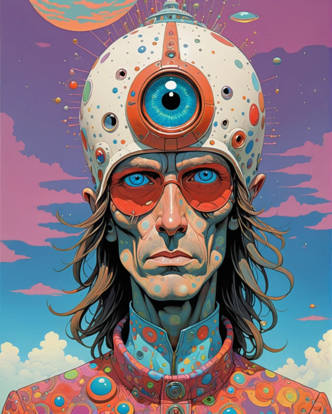 Moebius (Jean Giraud) Style - A captivating portrait by Jean Giraud Moebius, ((masterpiece)), ((best quality)), (highest quality masterpiece), (masterpiece), (masterpiece, best quality), Psychedelic Abstract Art, puzzling, melt, Bright colors, Michael DeForge (Michael Deforge) Inspired by Pop Art, Mumford, tumblr, Psychedelic Art, Psychedelic illustration, Psychedelic Trip, Psychedelic Trip, retro Psychedelic illustration, Psychedelic Art style, psychedelic style, Surreal psychedelic design, LSD Trip, Psychedelic Fever Dream, psychedelics, Shaman horror LSD art, psychedelics. PsyAI, Psychedelic, Visionary art, DMT, and LSD style by Moebius. a digital painting with a flyinghuman mask and some planetsaround them, in the style ofgraph paper grids, vhs,depictions of inclement weather,silkscreen, red and azure, nikonaf600, scientific diagrams