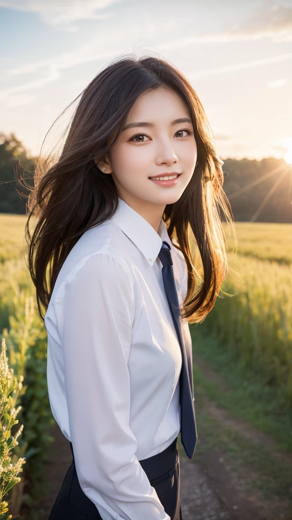 highest quality、genuine、Super detailed、finely、High resolution、8k wallpaper、one beautiful woman、、、light brown disheveled hair、wearing a business suit、sharp focus、perfect dynamic composition、beautiful and detailed eyes、thin hair、Detailed genuine skin texture、smile、model body shape、In a windswept meadow