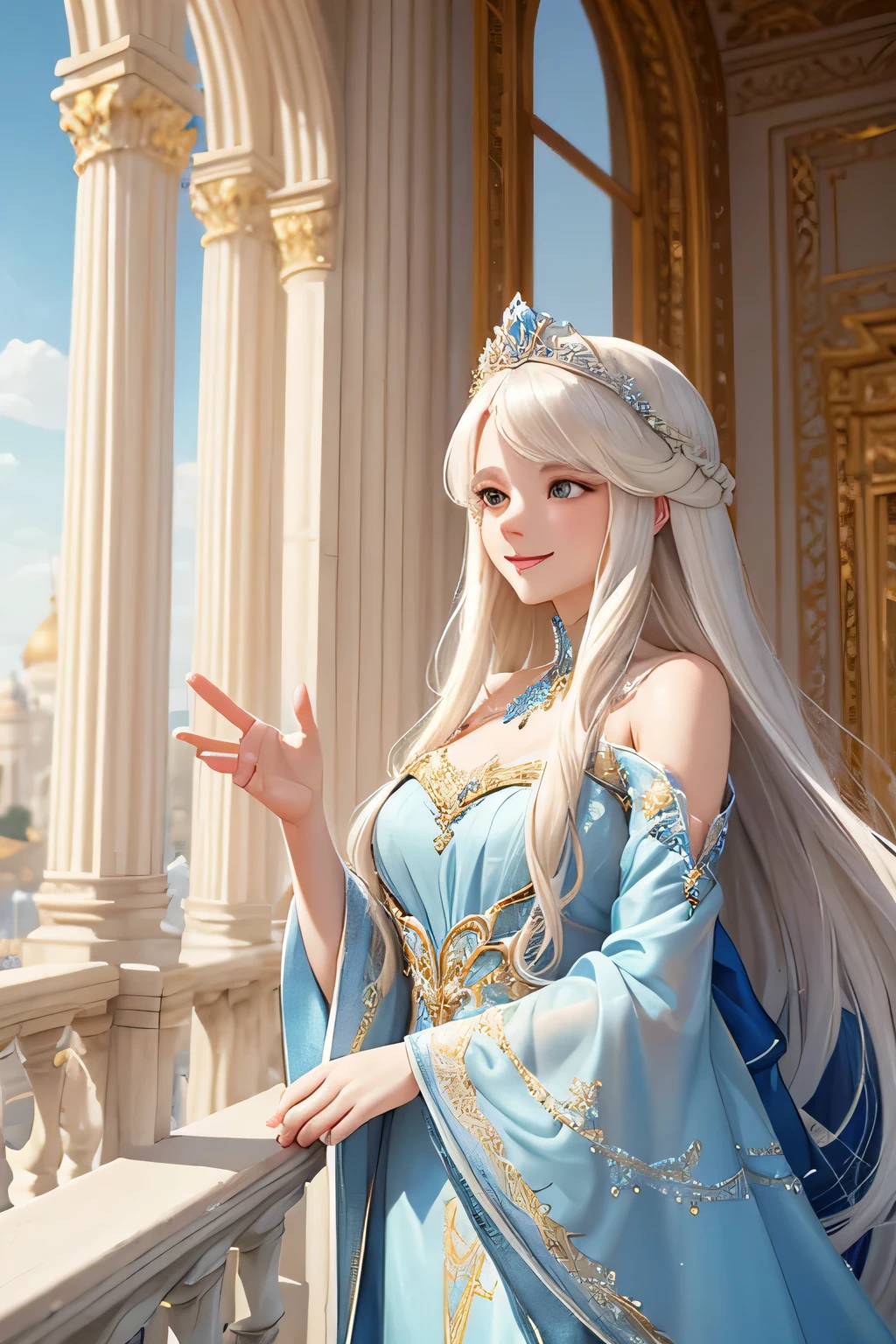 A beautiful white princess with long blonde hair, wearing a flowing blue gown with intricate silver embroidery, stands on a grand palace balcony. She smiles warmly and waves to the cheering crowd below. The sunlight shines brightly, reflecting off her golden hair and the silver details of her gown. Behind her, the palace's elegant architecture and lush gardens are visible,(((Upper body)))