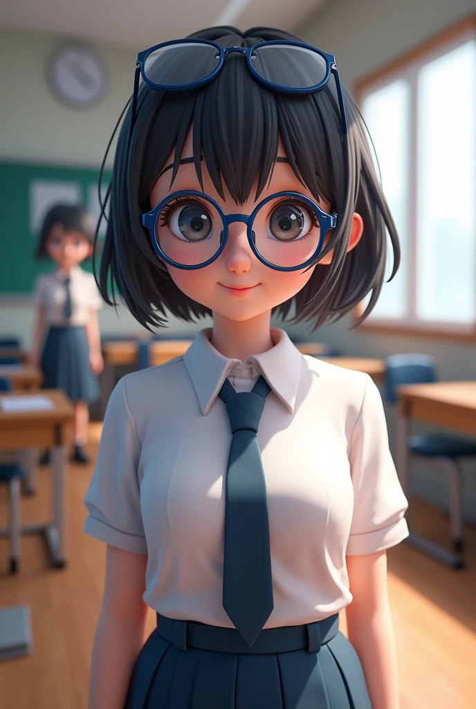Short hair girl with blue glasses and school clothes in 3D