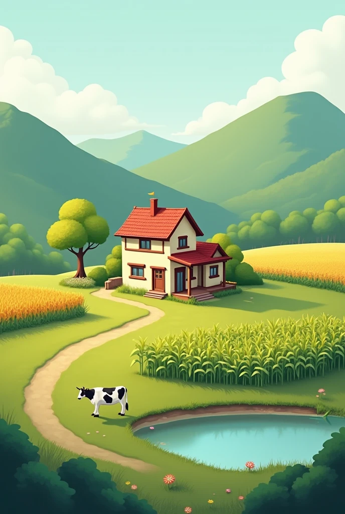 Create a serene rural landscape featuring a traditional home in the center. In front of the home is a spacious field, with a cornfield growing to the right of the house. Behind the home, there is a calm pond reflecting the surroundings. On the left side of the house stands a cowhouse, with a tubewell and a well located in the open field nearby. The overall setting is peaceful, capturing the essence of a simple, nature-connected rural life
