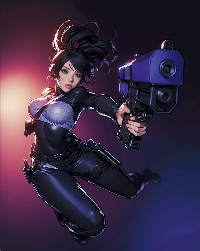 elaizaikedareal、A young woman with a bold look and hairstyle、I have a gun in my hand。She holds the gun with confidence、Because I'm ready to compete、The chest is prominent。