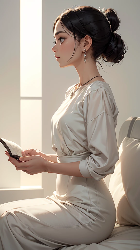 1_1_girl, solo, Pose: Woman standing or sitting in a perfect side profile, looking straight ahead or slightly upward.Expression: Calm and serene, with a soft, introspective gaze.Attire: Elegant attire such as a sleek evening dress, a classy blouse, or a simple yet sophisticated outfit.Hair: Styled in an elegant updo, a sleek ponytail, or cascading waves that follow the profile line.Makeup: Subtle yet refined, with emphasis on the eyes and cheekbones to highlight the profile.Background: A minimalist background such as a plain wall, a soft gradient, or an elegant indoor setting that doesn’t distract from the subject.Lighting: Soft side lighting or Rembrandt lighting to create gentle shadows and highlight the contours of the face and neck.Accessories: Minimalist, such as a delicate necklace, small earrings, or a simple hair accessory.Props: Optional, such as a single flower, a piece of elegant jewelry, or a book held gracefully in her hand.Mood: Timeless, elegant, and contemplative.