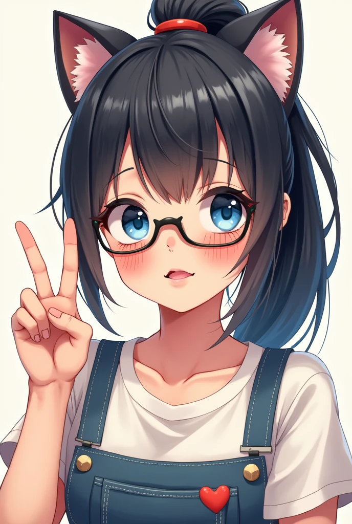 Black hair ponytail、Cute eyes blue、Black Glasses、Wearing a cat ear hat、Draw a girl making a peace sign