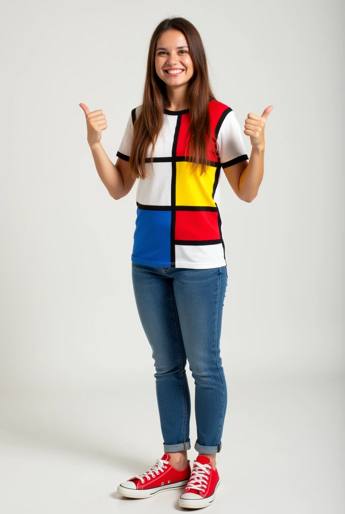 One Woman,Brown long hair,Have a happy face、He is wearing a shirt with Mondrian&#39;s Composition pattern.,The shirt is made up of red, yellow, blue and white squares.,Blue jeans,Make a fist with both hands except for the thumbs、Both thumbs are pointing towards one&#39;s face、Red sneakers,Standing with weight on the right foot、Simple Background、Taken with a Fujifilm SLR