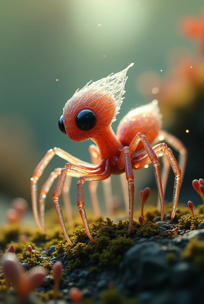 Meta tested - Generate a detailed image of a fantastical creature, resembling a hybrid of a Spider-man, with a translucent body. Place this creature in a miniature world, The overall atmosphere should be dreamy and magical, with a bokeh background that emphasizes the tiny, enchanting details of the creature and its surroundings. The style should combine elements of hyper-realism and fantasy, capturing the delicate textures and vibrant colors with stunning clarity