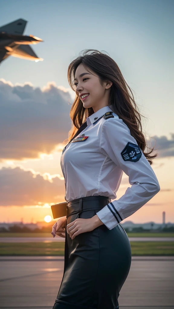 (highest quality, 8K, 32k, masterpiece, uhd:1.2), (realistic:1.5), (masterpiece, Highly detailed CG Unity 8K wallpaper, highest quality, High resolution:1.2), (Super detailed, uhd:1.2), Photo of extremely cute and beautiful Japanese woman, (Long wavy chestnut hair:1.2), adult, (detailed beautiful girl:1.4), highest quality, woman, adult, (Detailed US Air Force Pilot Uniform:1.5), (High waist pencil micro skirt:1.0), (Beautiful sunset us air force base runway view background:1.2), (mig 29、F-22、air force plane)laugh shyly:1, looking at the sky, towards the audience, ((Perfect woman&#sexy body)), (tight waist:1.40), (Image of the whole body), thin, abs, beautiful body, big ass and big breast, (big breasts:3.25)(big ass 3.55),assemble the head, wind, dynamic pose, cinematic light, Backlight, fine clothes, perfect ???????, perfect proportions, detailed human body, Stylish model in sexy bent over One of her hands was holding her hair, pose,nude nsfw,soft expression、smile、Sexy slit thighs and beautiful legs、A sneak peek of abs、A glimpse of her no underwear , underwear is on,
