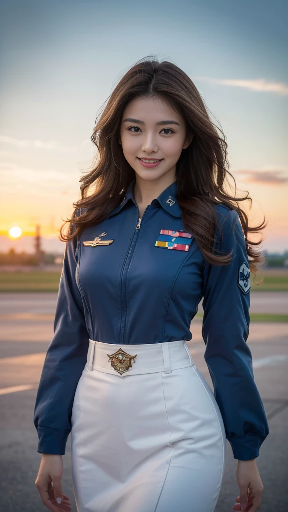 (highest quality, 8K, 32k, masterpiece, uhd:1.2), (realistic:1.5), (masterpiece, Highly detailed CG Unity 8K wallpaper, highest quality, High resolution:1.2), (Super detailed, uhd:1.2), Photo of extremely cute and beautiful Japanese woman, (Long wavy chestnut hair:1.2), adult, (detailed beautiful girl:1.4), highest quality, woman, adult, (Detailed US Air Force Pilot Uniform:1.5), (High waist pencil micro skirt:1.0), (Beautiful sunset us air force base runway view background:1.2), （mig 29、F-22、air force plane）laugh shyly:1, looking at the sky, towards the audience, ((Perfect woman&#sexy body)), (tight waist:1.40), (Image of the whole body), thin, abs, beautiful body, big ass and big breast, (big breasts:3.25)(big ass 3.55),assemble the head, wind, dynamic pose, cinematic light, Backlight, fine clothes, perfect anatomy, perfect proportions, detailed human body, Stylish model in sexy bent over One of her hands was holding her hair, pose,nude nsfw,soft expression、smile、Sexy slit thighs and beautiful legs、A sneak peek of abs、A glimpse of her no underwear , underwear is on,