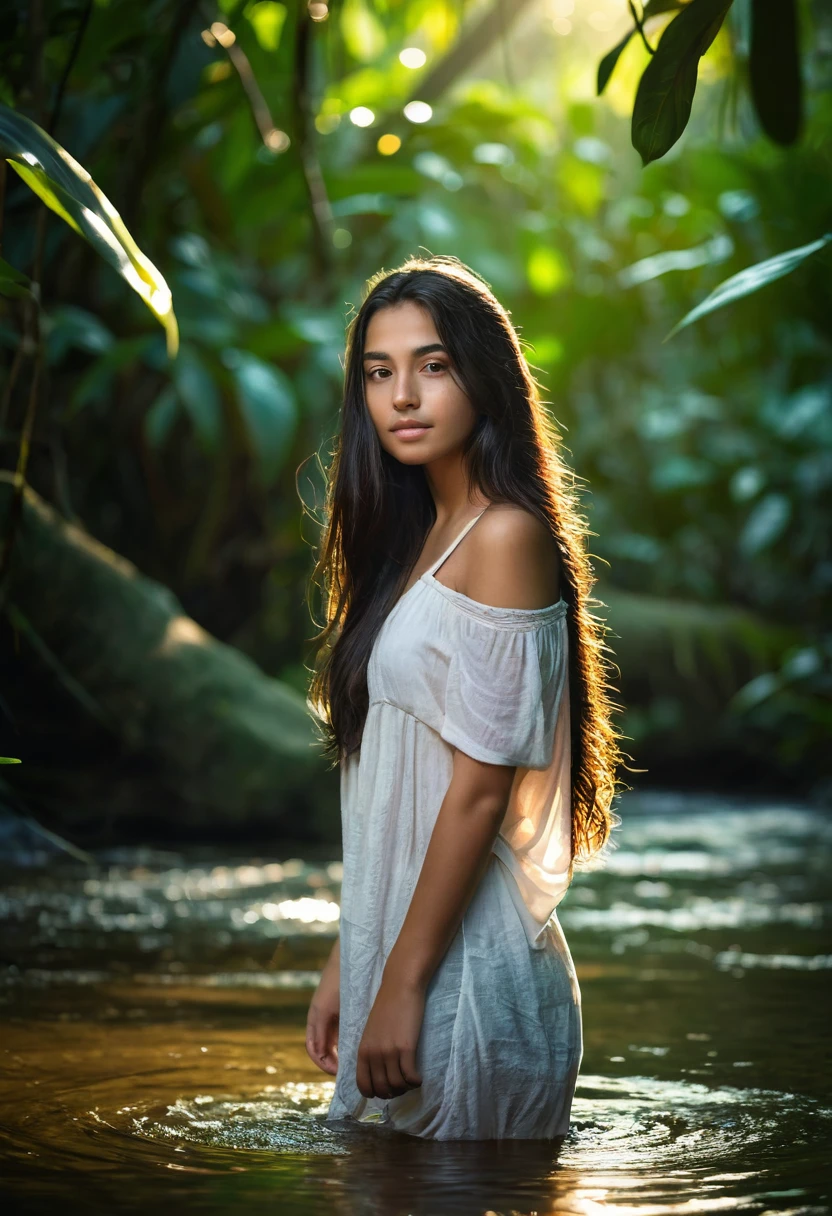 A 18 years old young woman with long dark hair, in jungle river. Warm and soft lighting. amazing photograph, DSLR, 80mm Sigma f2, depth of field, intricate natural lighting