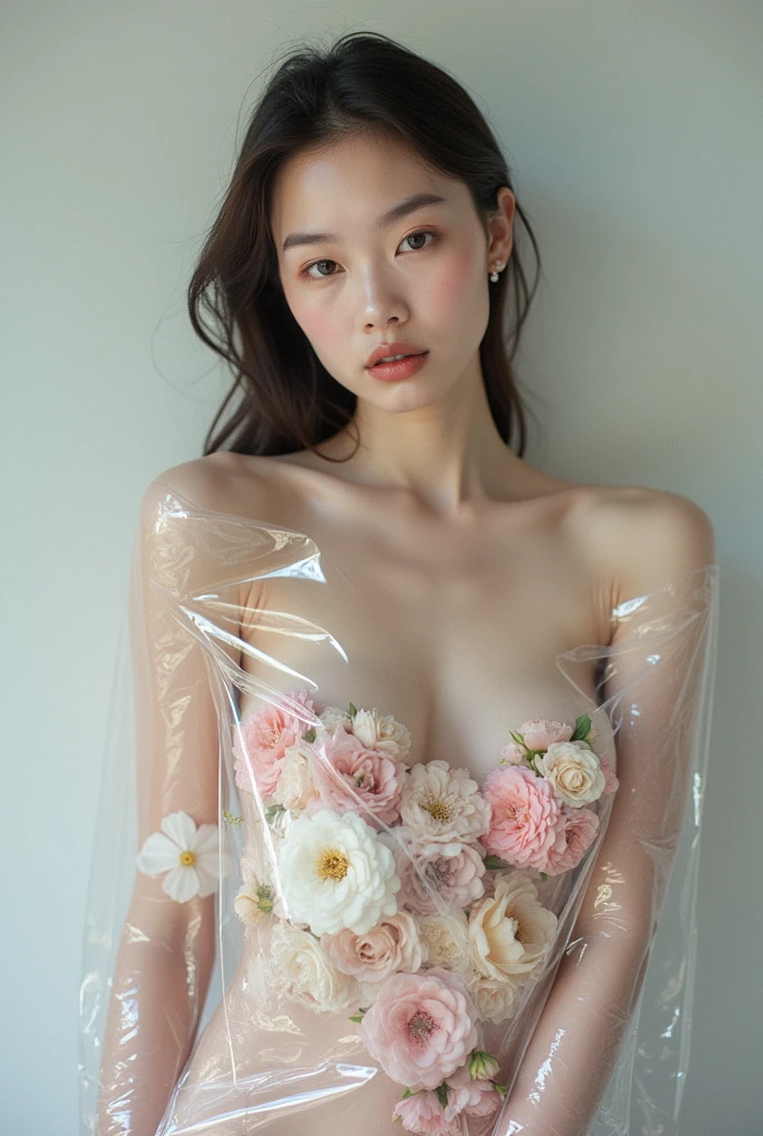 Hyper-realistic photo of a professional model with pale skin posing for a fashion photoshoot. She is entirely wrapped in transparent film, with tons of flowers under the film covering her skin. The shot is a mid-body shot.