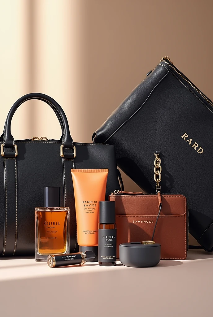Create a cover photo with items like perfumes and bags for men and women