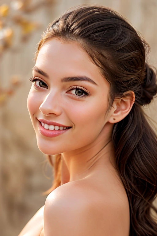 Create a realistic and elegant portrait of a beautiful American woman. She should have a warm, radiant smile and expressive eyes. Her hair should be styled in a modern yet timeless fashion, and her attire should reflect a blend of classic sophistication and contemporary style. The background should be soft and natural, enhancing her features and conveying a sense of grace and charm.”