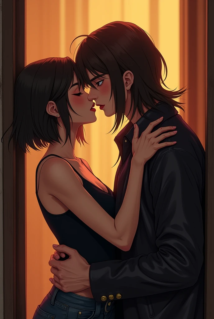 a girl with really short, dark brown hair. which is not longer than the beginning of her neck. she has a rebellious vibe. she’s kissing with boy, who has brown and very long straight hair. they are in love. she’s touching him. 