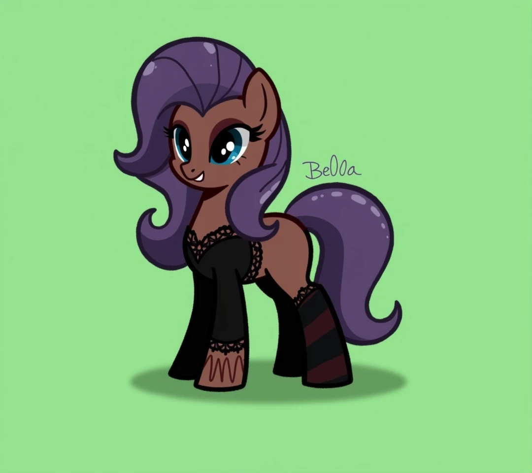 (My little pony), adult content, detailed face, black panties, purple hair, dark brown body, dark blue eyes, eyelids, eyeshadow, bow, (big breasts), seductive face, (high detailed), (black thong panties), lace camisole top, striped stockings, (cleavage line), text "Bella", erotic, sexy view, sexy pony