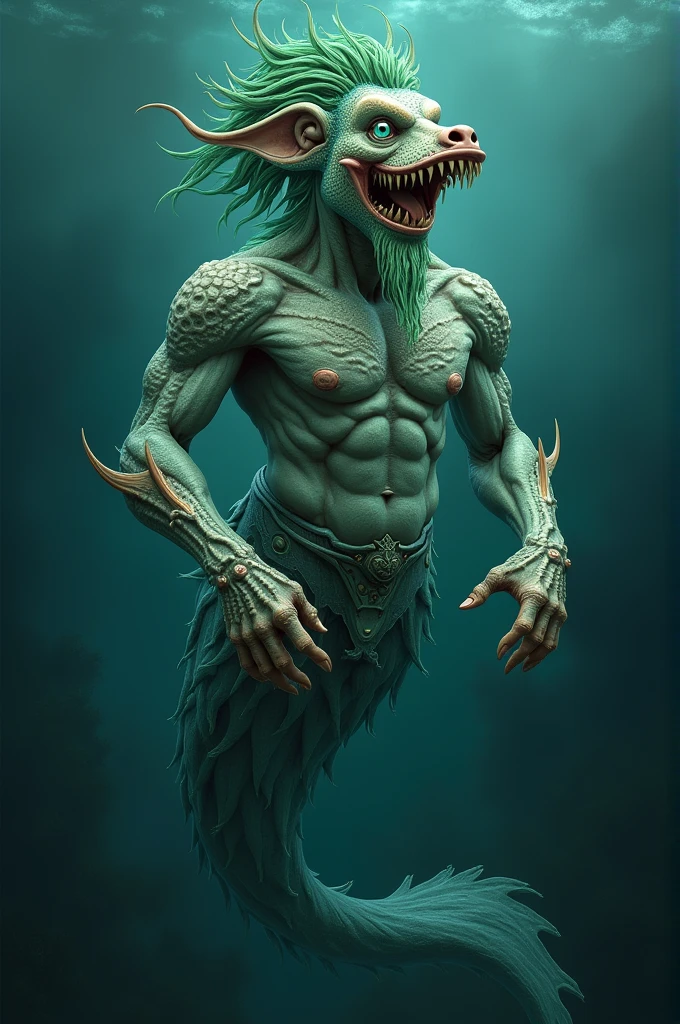 Triton. Ils ont le haut du corps semblable à celui d'un homme, mais le bas est en forme de poisson. Pausanias les décrit avec des cheveux verts sur la tête, des écailles très fines et très dures, des ouïes en dessous des oreilles, un nez humain, une bouche large, garnies de dents d'animaux, yeux bleu-vert, des mains rugueuses comme un coquillage, et au lieu de pieds, une queue comme celle des dauphins.