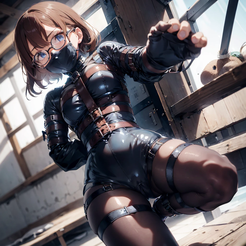 1girl, seductive eyes, blush, cute, blue eyes, brown hair, glasses, mouth gagged, straitjacket, gag, restrained, gagged, bound arms, bodysuit, bound legs, collar, arms behind back, bangs, belt, latex, bondage, bdsm, best quality, masterpiece, highres