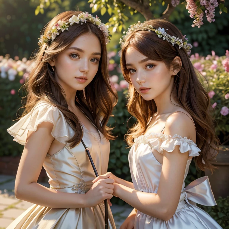 (masterpiece, best quality:1.5), highest quality, High resolution, super detailed, Realists, Upper body photo of a red-haired flower girl, detailed and beautiful eyes, beautiful detailed lips, very detailed eyes and face, longeyelashes, Young girl in a short dress made of shiny brown satin fabric, Beautiful and colorful makeup, elegant and noble々Pose,shiny satin headband, grind, Holding flowers, Gardens as background, soft daylight, bright colors, fine brushstrokes, Portrait style, Noble details in the dress fabric, beautiful color palette, glowing skin, First-class rendering, that captures every detail, enchanting atmosphere, subtle shadows and lights, (perfect anatomy:1.2), (The two stunning flower girls held a long silver flower stick with a bow. Exchange glances. (magnificent panorama view:1.2)