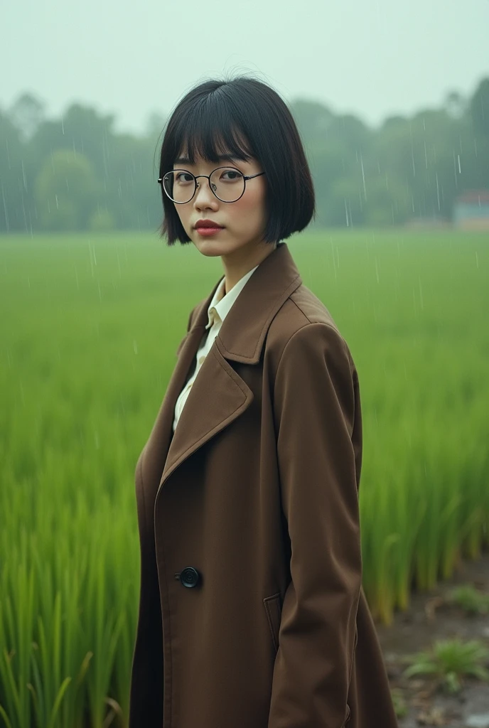 Realistic image of a asian woman, slim, short hair, white skin, dark eyes, wearing a brown suit and vintage coat ,don't look at camera,walking, under a lot of rain, background of a wide rice field, no smile Serious face, wear glasses,kodak color film look,grain