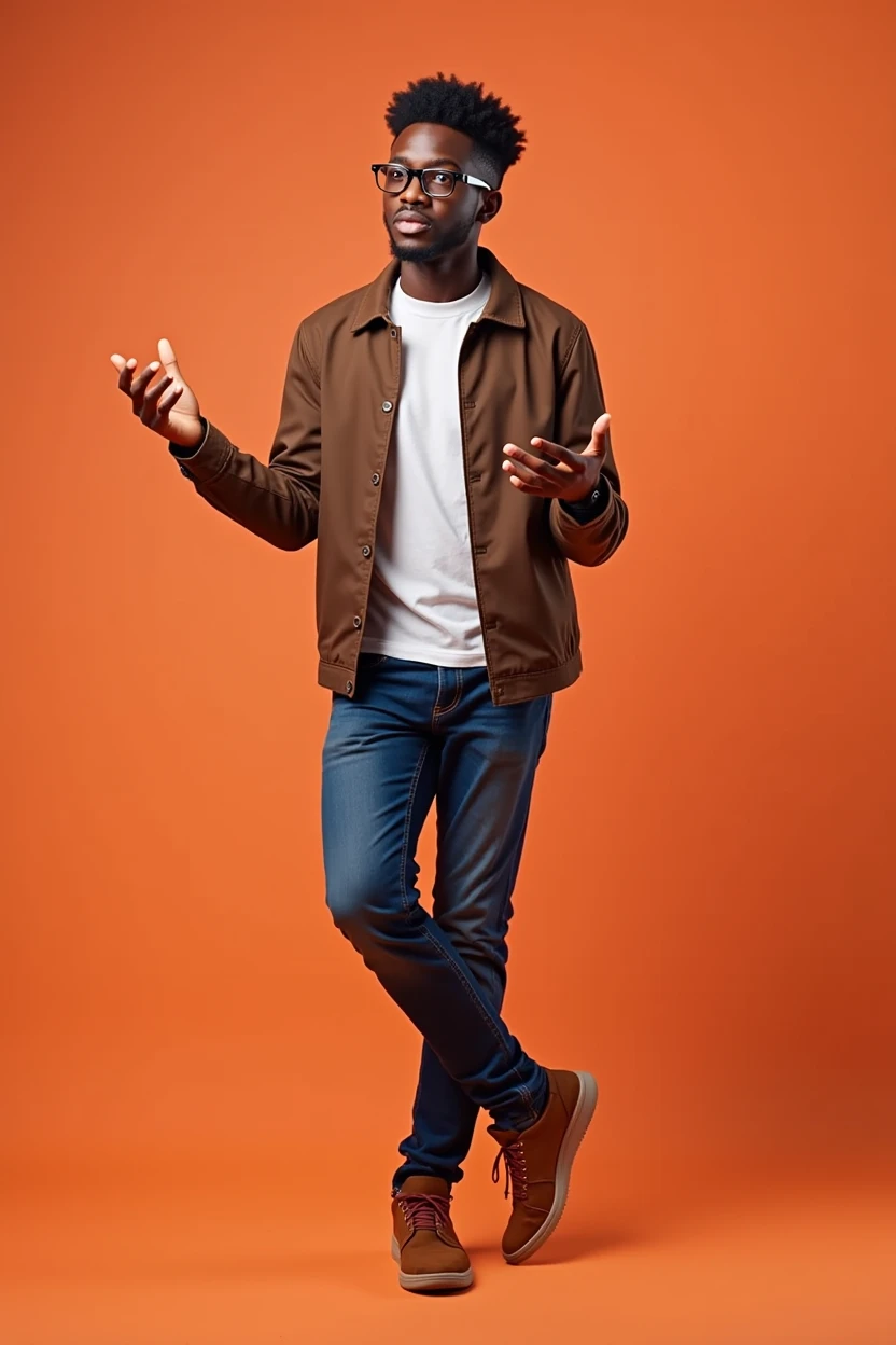 3d realistic photo of handsome 17 year old african american young man with suspenseful look wearing glasses looking forward talking and making hand gestures over solid single color background standing with feet crossed, full portrait image
