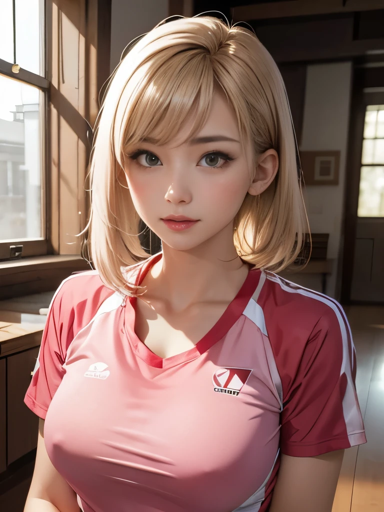 Perfect natural light、8K High Resolution、High resolution、Beautiful woman、masterpiece、Gravure image quality、Light hair color、Volleyball player、Beautiful Mature Woman、Pink uniform、