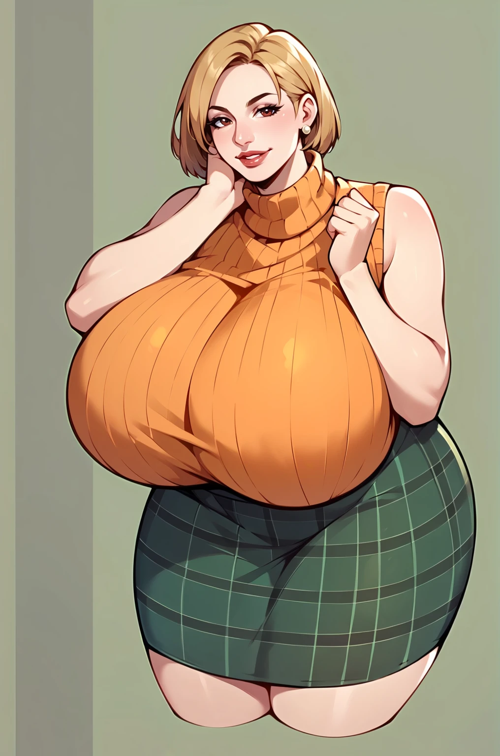 score_9, score_8_up, score_7_up, score_6_up, score_5_up, score_4_up, solo, thicc Ashely Graham from resident evil 4, ((mature mom)), short blonde hair, brown eyes, ((orange sleeveless turtleneck sweater with a burgundy sweater around her neck)), green plaid skirt, big thick full lips, ((pouted lips)), red eyes, ((squinting eyes)), ((full body)), ((NSFW)), sexy, seductive, alluring, cute smile, joyful, (((arms's rest squeezing breasts))), (((gigantic breasts))), sagging breasts, big nipples, wide hips, thick thighs