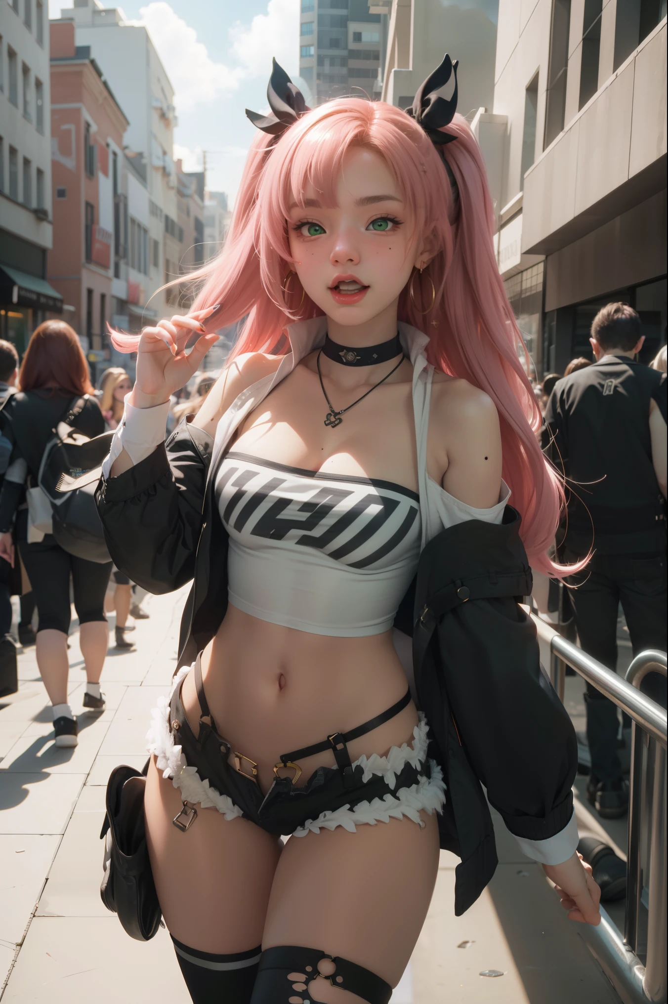 nicoledemara, nicole demara, (green eyes:1.5), pink hair, hair ornament, hair ribbon, hairclip, long hair, mole, mole on breast, mole on thigh, mole under eye, two side up, ribbon, smirk, smile, open mouth,
BREAK black footwear, black ribbon, black shorts, black socks, black thighhighs, boots, cleavage, crop top, earrings, jewelry, kneehighs, nail polish, necklace, o-ring, short shorts, shorts, single kneehigh, single sock, single thighhigh, socks, thigh strap, thighhighs, torn clothes, two side up,
BREAK outdoors, city, sky, clouds, sun, buildings, crowd, people, alley,
BREAK looking at viewer, (cowboy shot:1.5),
BREAK (masterpiece:1.2), best quality, high resolution, unity 8k wallpaper, (illustration:0.8), (beautiful detailed eyes:1.6), extremely detailed face, perfect lighting, extremely detailed CG, (perfect hands, perfect anatomy),