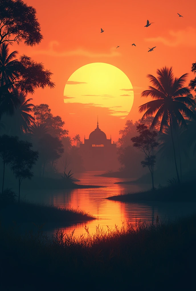 vector, minimalist design work, Indonesian tropical forest wallpaper, aesthetic arrangement of presidential palace in the middle, vast orange sky, beautiful afternoon photography, sharp and very bright with stunning afternoon light, very epic and mysterious, 4k resolution, masterpiece, a journey
