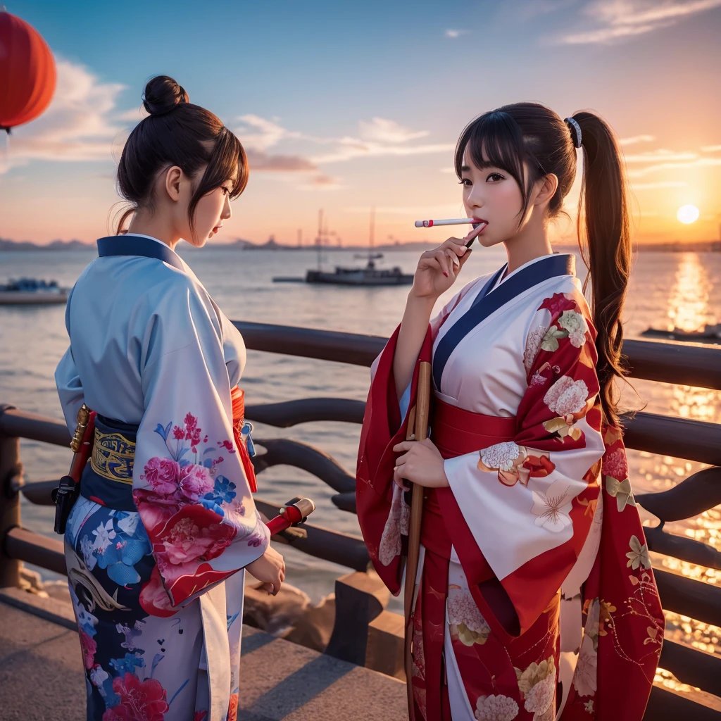 a beautiful woman with ponytail hair wearing a japanese kimono, holding a sniper rifle and licking a lollipop, anthropomorphic whale, full body shot, sunset background, anime style, highly detailed, intricate details, vibrant colors, cinematic lighting, photorealistic, masterpiece, 8k, best quality