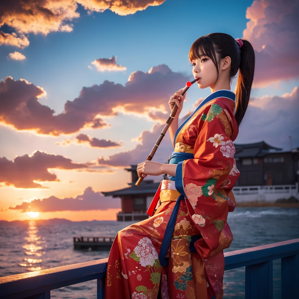 a beautiful woman with ponytail hair wearing a japanese kimono, holding a sniper rifle and licking a lollipop, anthropomorphic whale, full body shot, sunset background, anime style, highly detailed, intricate details, vibrant colors, cinematic lighting, photorealistic, masterpiece, 8k, best quality