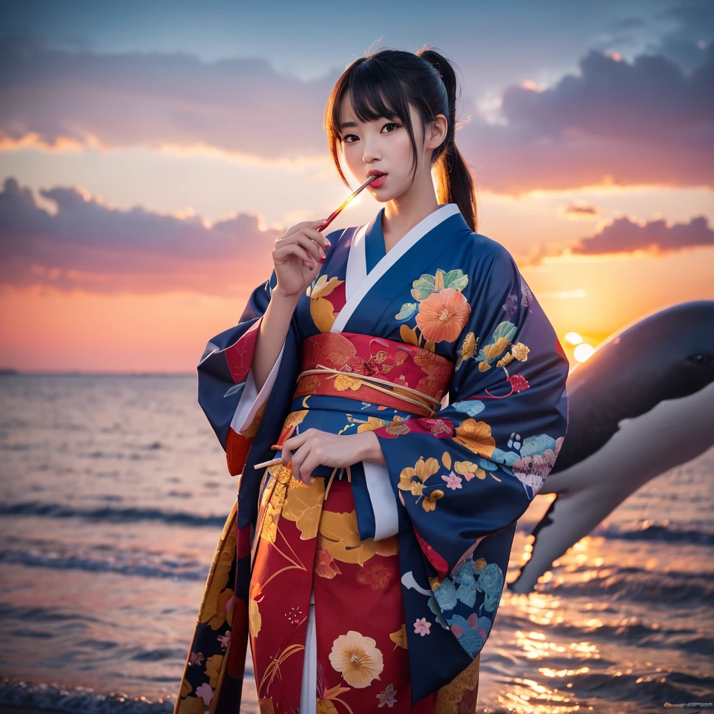 a beautiful woman with ponytail hair wearing a japanese kimono, holding a sniper rifle and licking a lollipop, anthropomorphic whale, full body shot, sunset background, anime style, highly detailed, intricate details, vibrant colors, cinematic lighting, photorealistic, masterpiece, 8k, best quality
