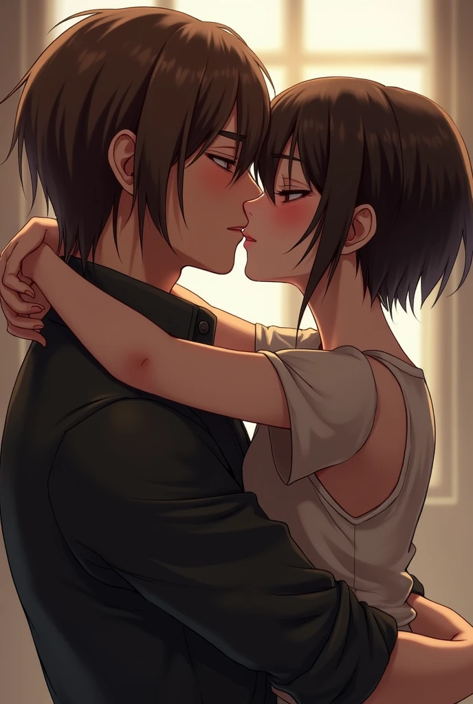 a girl with really short, dark brown hair. which is not longer than the beginning of her neck. she has a rebellious vibe. she’s kissing with a cute, sweet, beautiful boy, who has brown and very long straight hair. they are in love. she’s touching him.