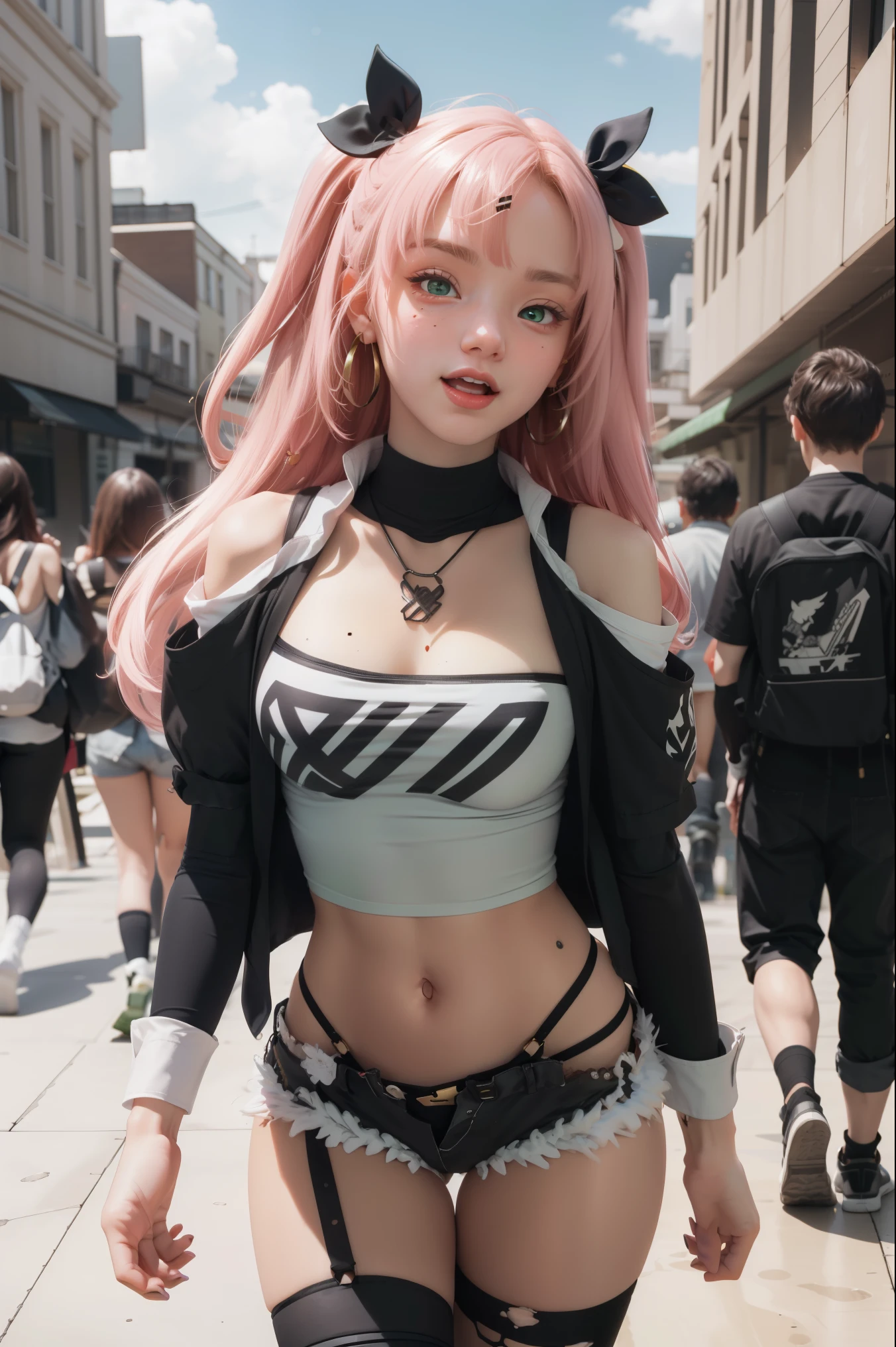 nicoledemara, nicole demara, (green eyes:1.5), pink hair, hair ornament, hair ribbon, hairclip, long hair, mole, mole on breast, mole on thigh, mole under eye, two side up, ribbon, smirk, smile, open mouth,
BREAK black footwear, black ribbon, black shorts, black socks, black thighhighs, boots, cleavage, crop top, earrings, jewelry, kneehighs, nail polish, necklace, o-ring, short shorts, shorts, single kneehigh, single sock, single thighhigh, socks, thigh strap, thighhighs, torn clothes, two side up,
BREAK outdoors, city, sky, clouds, sun, buildings, crowd, people, alley,
BREAK looking at viewer, (cowboy shot:1.5),
BREAK (masterpiece:1.2), best quality, high resolution, unity 8k wallpaper, (illustration:0.8), (beautiful detailed eyes:1.6), extremely detailed face, perfect lighting, extremely detailed CG, (perfect hands, perfect anatomy),