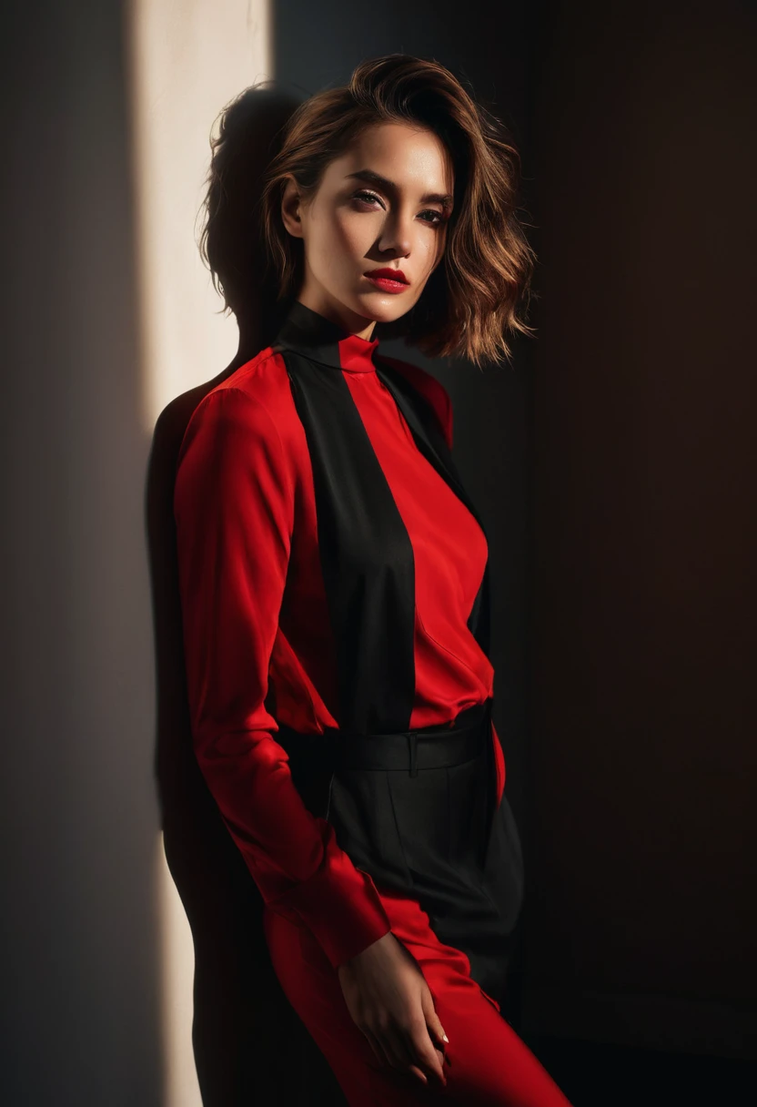 woman bathed in soft light, leaning against a wall, looking into the camera in a moment of raw emotion. Her attire is minimal, accentuating her beauty with the dramatic shadows cast by the lighting. The background is stark, with sharp contrasts highlighting the contours of her form. The red and black palette intensifies the mood, evoking a sense of mystery and allure. Subtle film grain and meticulous shading add depth and texture, emphasizing the emotional gravity of the scene. The lighting creates a chiaroscuro effect, accentuating her expressive pose and the intense atmosphere.
