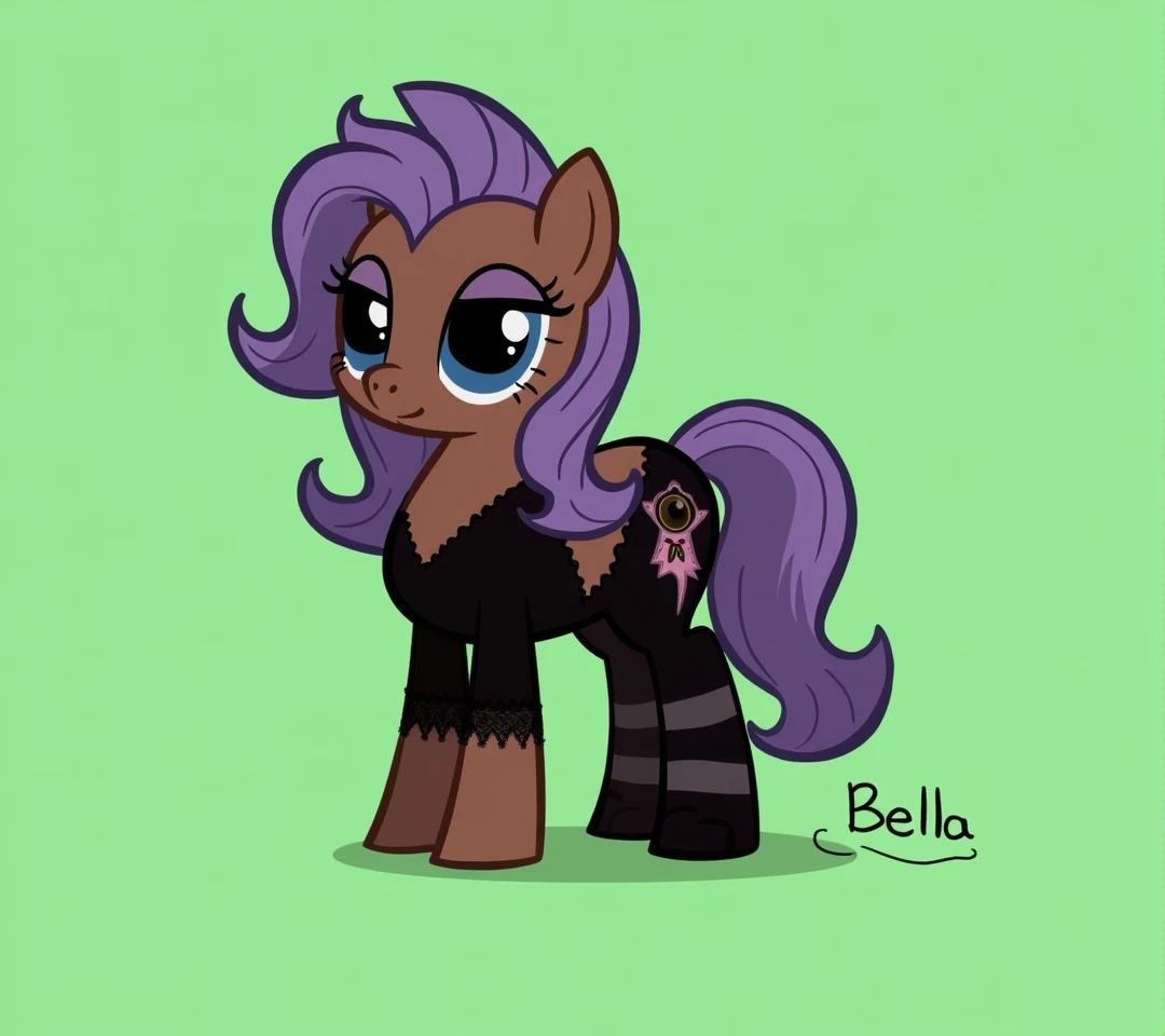 (My little pony), adult content, detailed face, black panties, purple hair, dark brown body, dark blue eyes, eyelids, eyeshadow, bow, (big breasts), seductive face, (high detailed), (black thong panties), lace camisole top, striped stockings, (cleavage line), text "Bella", erotic, sexy view, sexy pony, ((pixar style))