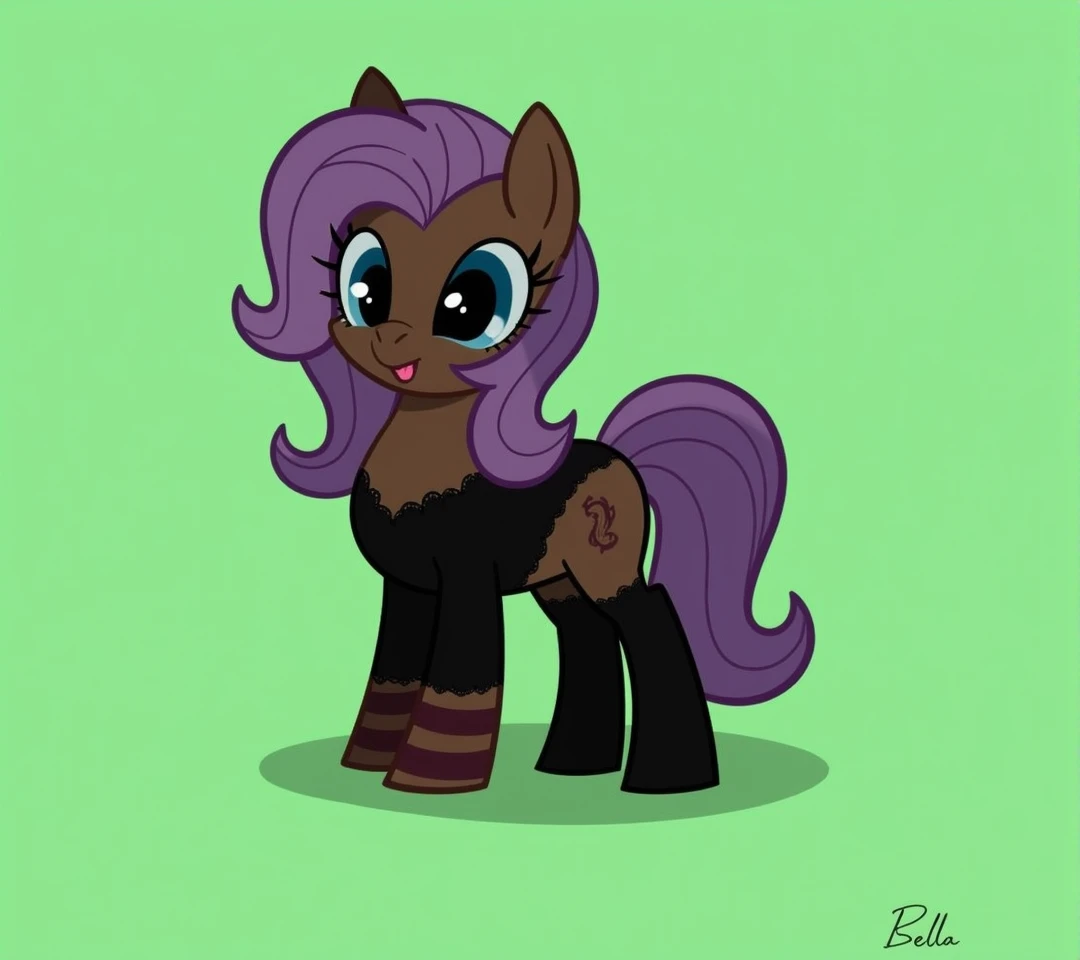 (My little pony), adult content, detailed face, black panties, purple hair, dark brown body, dark blue eyes, eyelids, eyeshadow, bow, (big breasts), seductive face, (high detailed), (black thong panties), lace camisole top, striped stockings, (cleavage line), text "Bella", erotic, sexy view, sexy pony, ((pixar style))