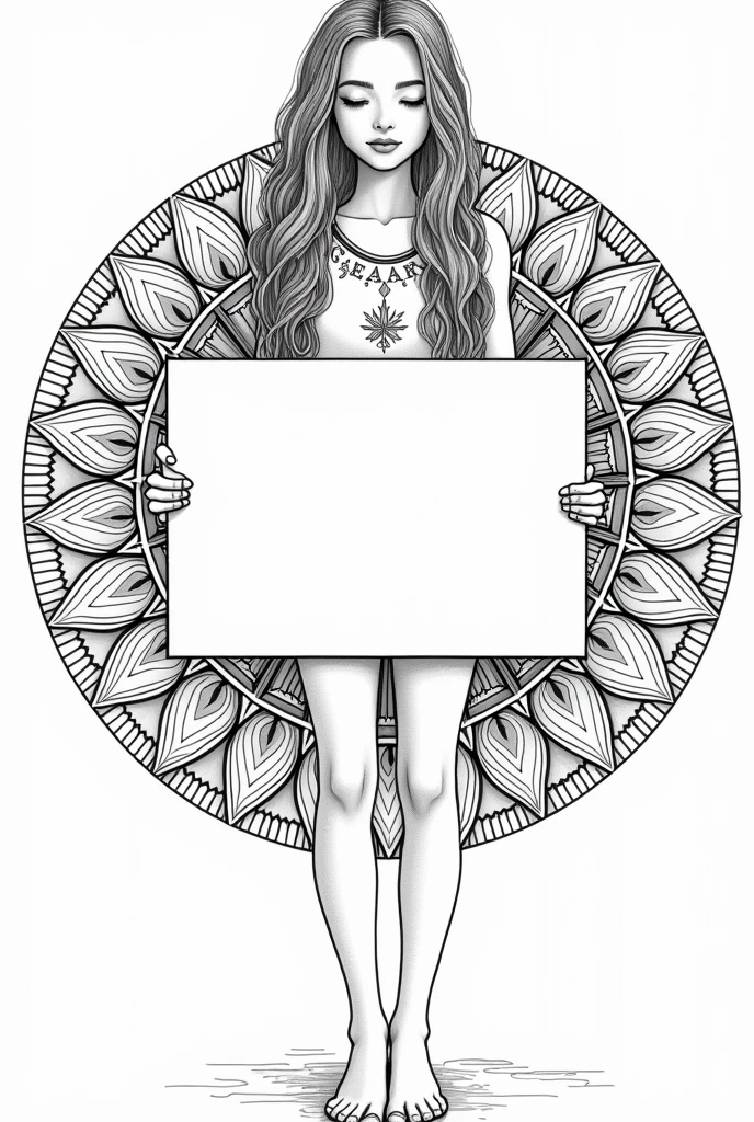 Beautiful girl with wavy long hair, bohemian dress, holding a white board with text "I Love Seaart Infinity" and showing it toGenerate an image of an intricate and symmetrical mandala to color, with the following features:
Circular design with radial symmetry Fine, crisp lines in black and white, Ideal for coloring Incorporate elements of the ???????? plant in a subtle and artistic way:
Stylized cannabis leaves Shapes reminiscent of buds Patterns inspired by trichomes Spirals that evoke plant growth Combine geometric elements with organic shapes Moderate level of detail, avoiding areas that are too small to color Art style that mixes botanical and soft psychedelic motifs White background for easy printing and coloring No text or numbers in the design Square size, preferably 2000x2000 pixels Consistent line style throughout the mandala Make sure the design is appropriate for adults and avoid any explicit references to cannabis use. the viewer