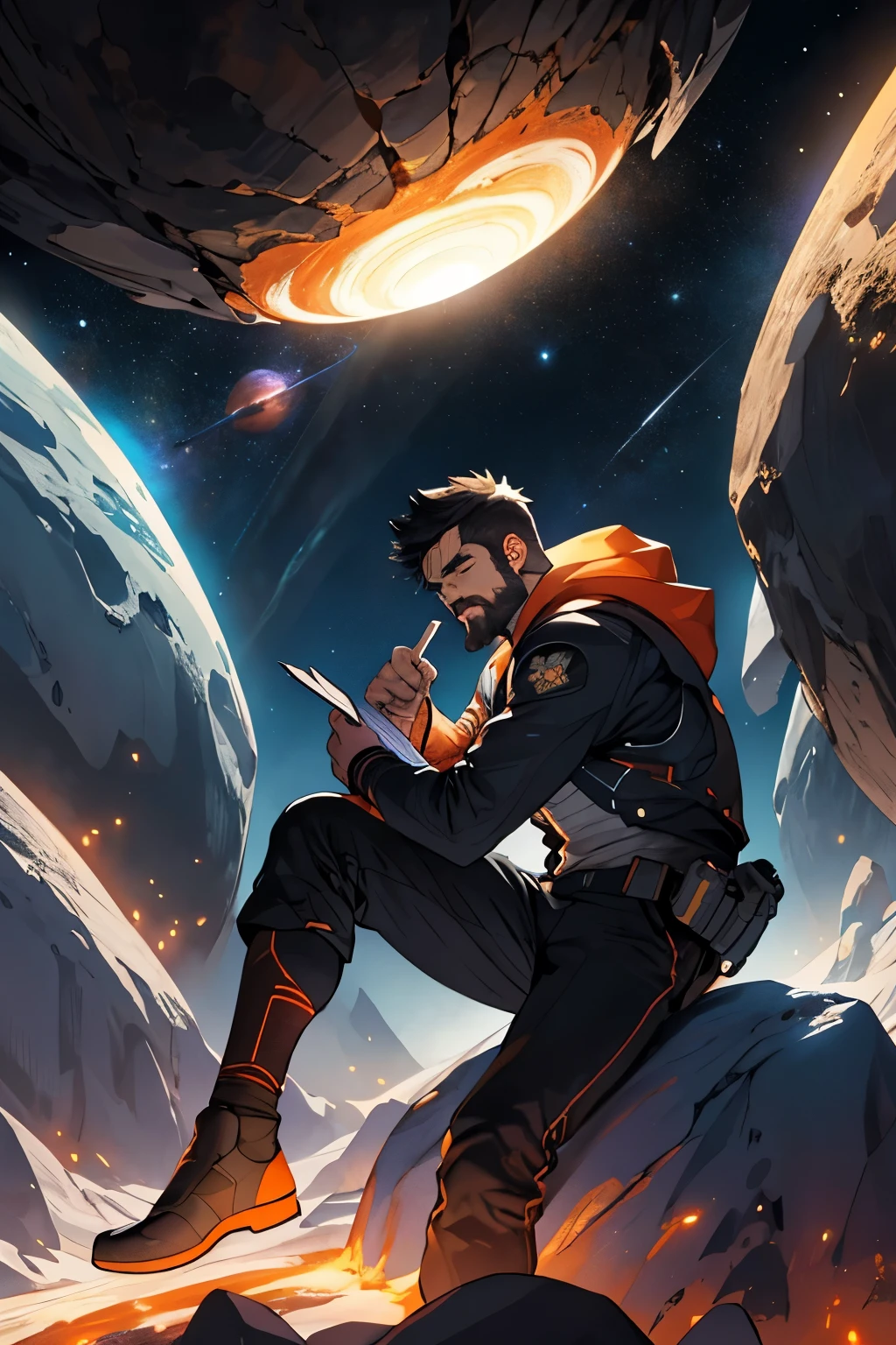 Draw a young programmer, sitting on a research platform floating in the middle of an asteroid belt. He is studying with a notebook, surrounded by several asteroids glowing with fiery auras. Dramatic lighting from distant stars and planets illuminates the scene, casting deep shadows on the suit. The young man looks confident and determined, looking at the vast and mysterious universe with wonder and respect,facial hair, cowboy shot,