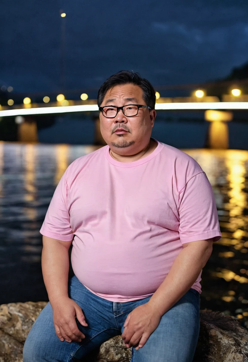 Man, Asian, 50 years old, Fat, Chubby, wearing glasses,( Put on a thin, light pink round neck t-shirt ), wearing jeans, Sitting on the rocks by the river, Wet, Rainy, looks sad, night time, ( Top view).