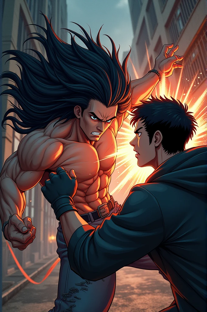 Anime 2d version of A handsome black hair guy punching ferociously to other Handsome black guy in a fight