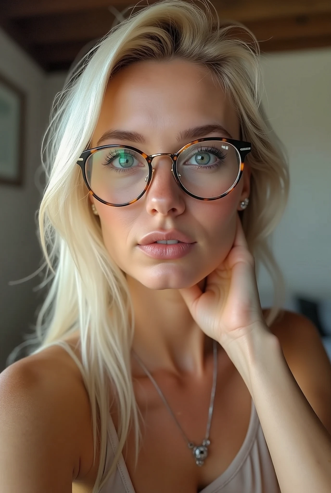 Very pretty white blonde from France with sexy glasses
