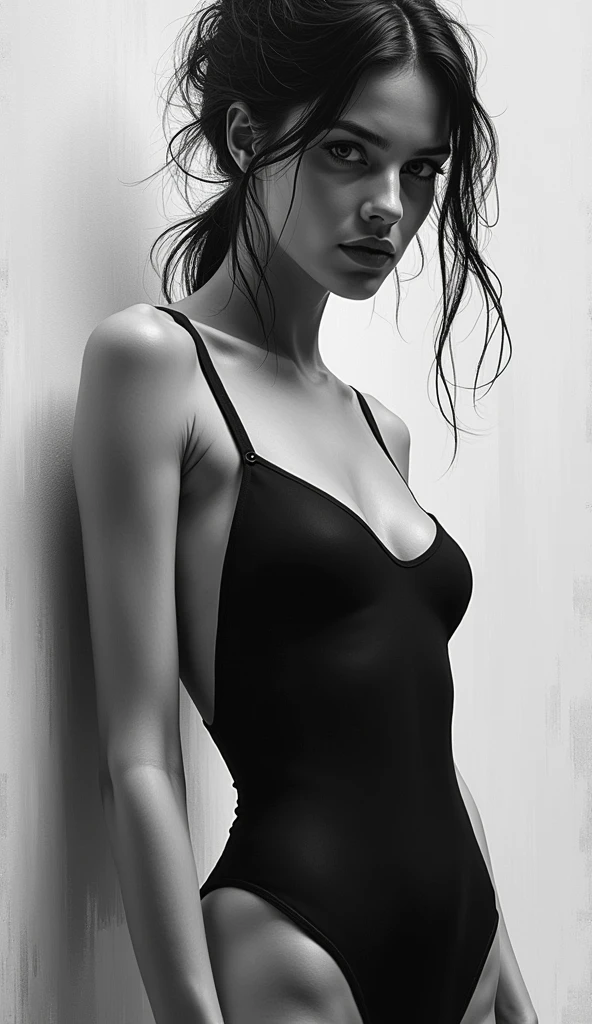 Black and white image (art inspired in Bill Sienkiewicz). oil painting),A closeup of a woman in a black swimsuit posing for a photo,