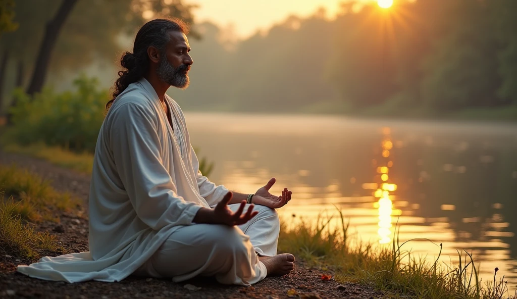 Mammootty as Sage Parashara sitting in deep meditation by a serene riverbank, with an aura of spirituality and ancient wisdom