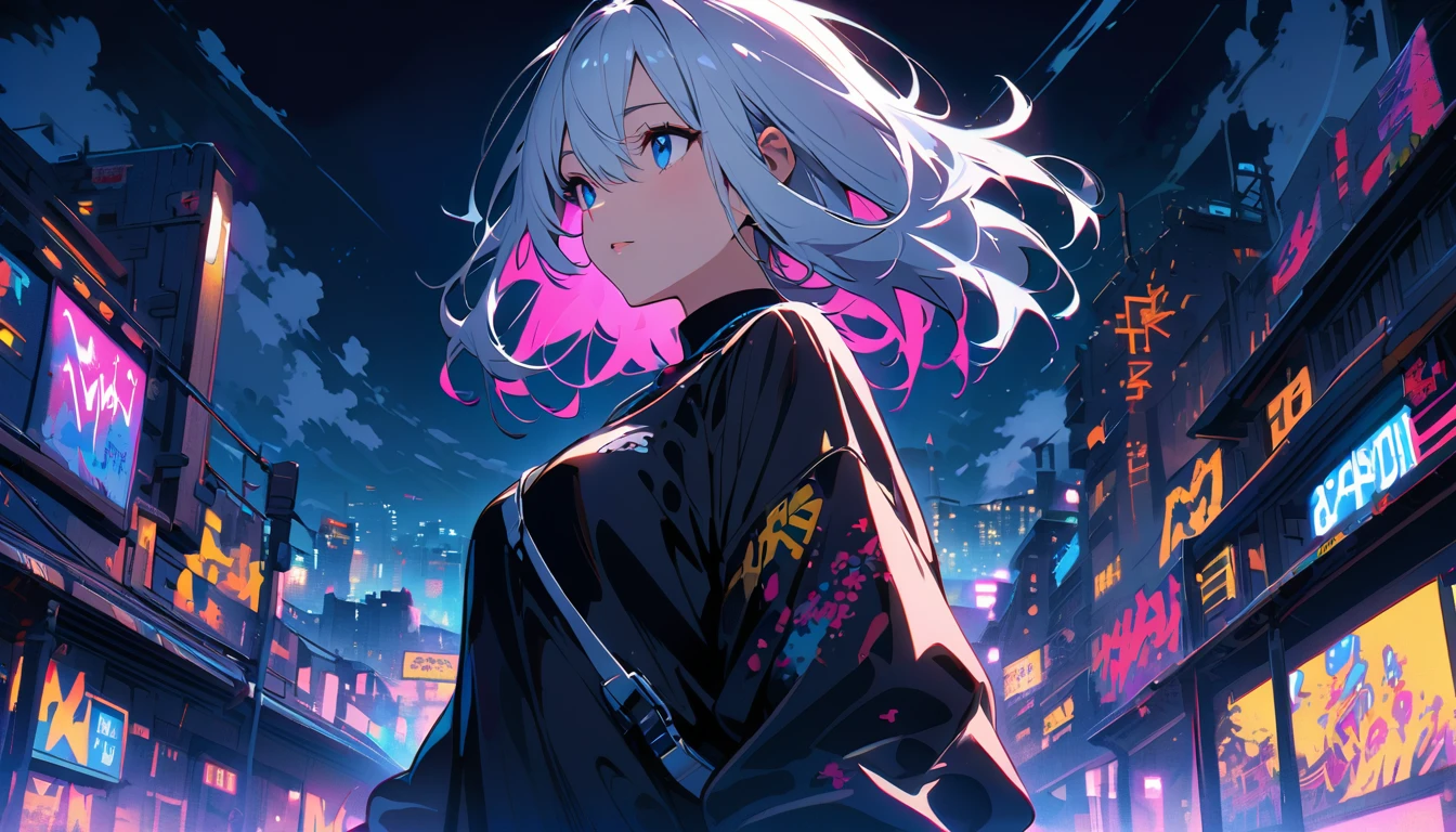 HD 8K Handsome sexy, Solitary, 1 female, Medium Length Hair, white hair, Rainbow hair, blue Eyes panoramic, in the night, looking away, outdoor, Brack dress, White clouds, graffiti Popularity spray art wall panoramic, vibrant, cityscape, Tokyo night