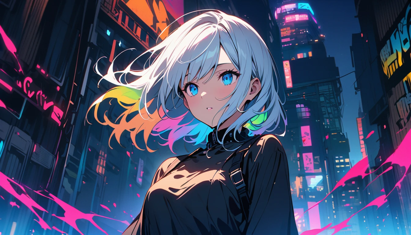 HD 8K Handsome sexy, Solitary, 1 female, Medium Length Hair, white hair, Rainbow hair, blue Eyes panoramic, in the night, looking away, outdoor, Brack dress, White clouds, graffiti Popularity spray art wall panoramic, vibrant, cityscape, Tokyo night