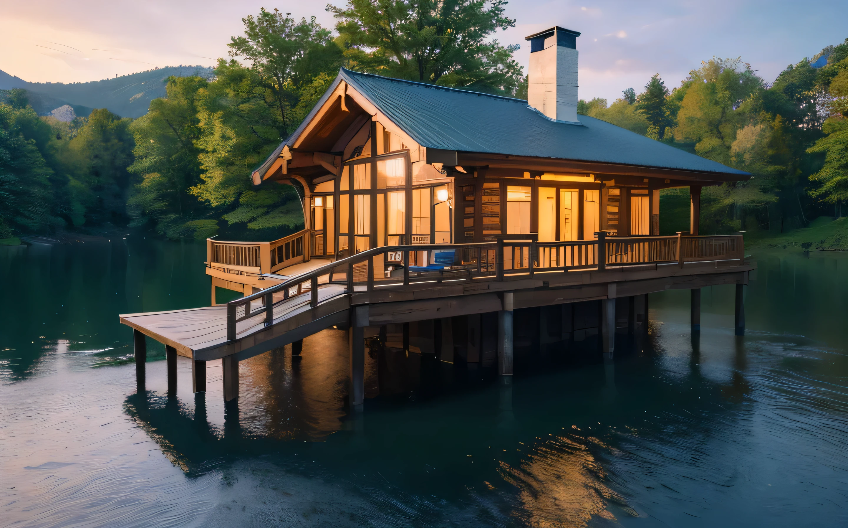 Lake House,landscape, water, (8k wallpaper extremely detailed CG unit), The most beautiful works of art in the world, Majestic oil painting major, complex, High Detail, Clear focus, Dramatic and realistic art