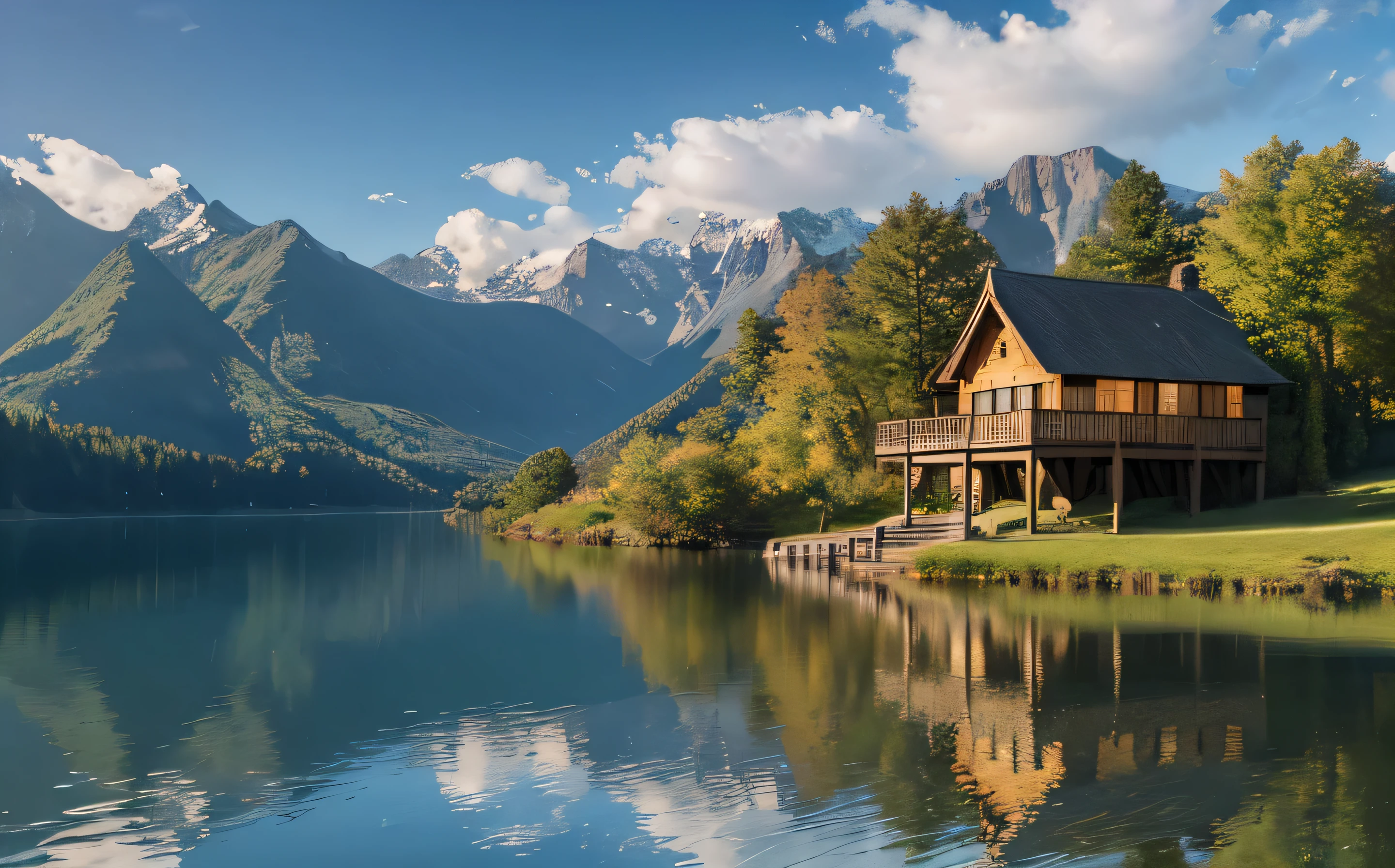Lake House,landscape, water, (8k wallpaper extremely detailed CG unit), The most beautiful works of art in the world, Majestic oil painting major, complex, High Detail, Clear focus, Dramatic and realistic art