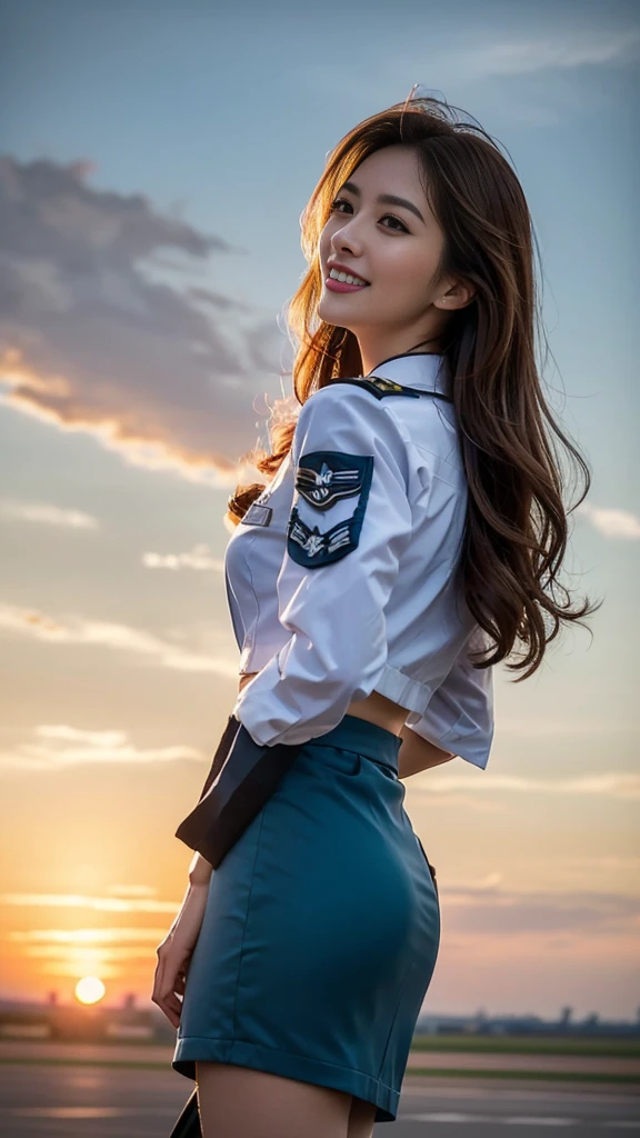 (highest quality, 8K, 32k, masterpiece, uhd:1.2), (realistic:1.5), (masterpiece, Highly detailed CG Unity 8K wallpaper, highest quality, High resolution:1.2), (Super detailed, uhd:1.2), Photo of extremely cute and beautiful Japanese woman, (Long wavy chestnut hair:1.2), adult, (detailed beautiful girl:1.4), highest quality, woman, adult, (Detailed US Air Force Pilot Uniform:1.5), (High waist pencil micro skirt:1.0), (Beautiful sunset us air force base runway view background:1.2), （mig 29、F-22、air force plane）laugh shyly:1, looking at the sky, towards the audience, ((Perfect woman&#sexy body)), (tight waist:1.40), (Image of the whole body), thin, abs, beautiful body, big ass and big breast, (big breasts:3.25)(big ass 3.55),assemble the head, wind, dynamic pose, cinematic light, Backlight, fine clothes, perfect anatomy, perfect proportions, detailed human body, Stylish model in sexy bent over One of her hands was holding her hair, pose,nude nsfw,soft expression、smile、Sexy slit thighs and beautiful legs、A sneak peek of abs、A glimpse of her no underwear , underwear is on, Sexy style , sexy pose, sexy body, upper body,