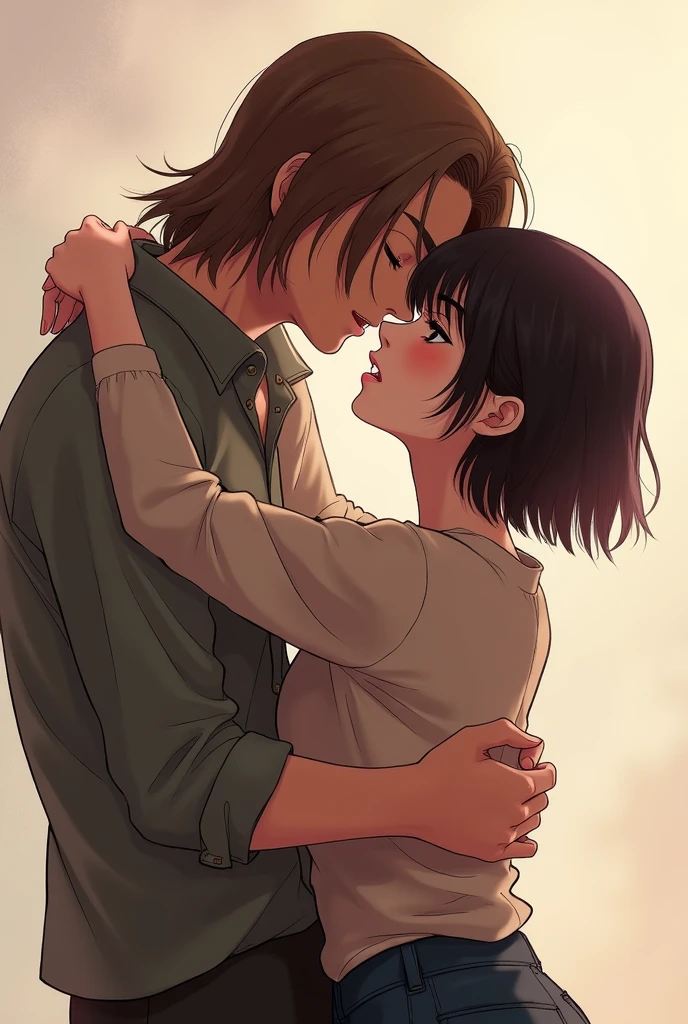 a girl with really short, dark brown hair. which is not longer than the beginning of her neck. she has a rebellious vibe. she’s kissing with a cute, sweet, beautiful boy, who has brown and very long straight hair. they are in love. she’s touching him. make it look like a realistic drawing